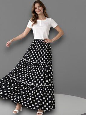 Black White Polka Dot Maxi Skirt Tiered Elastic Waist Boho Flowy Women L